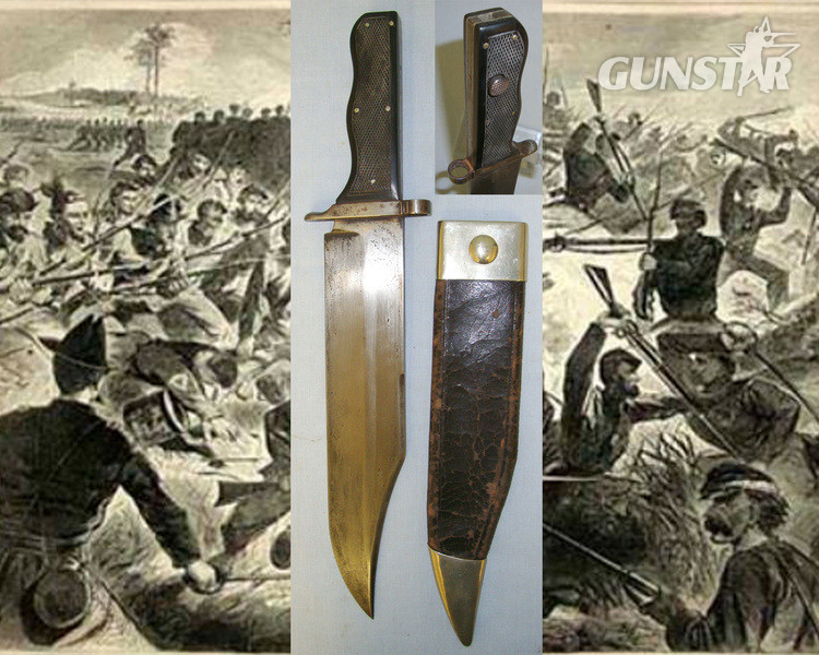 VERY RARE**American Civil War Era Confederate Army & Navy ‘Bowie Bayonet’ With Chequered Polished Horn Scales, Etched Blade, Cross Guard With 14mm Diameter Muzzle Ring Cross Guard & Scabbard Bayonet in 