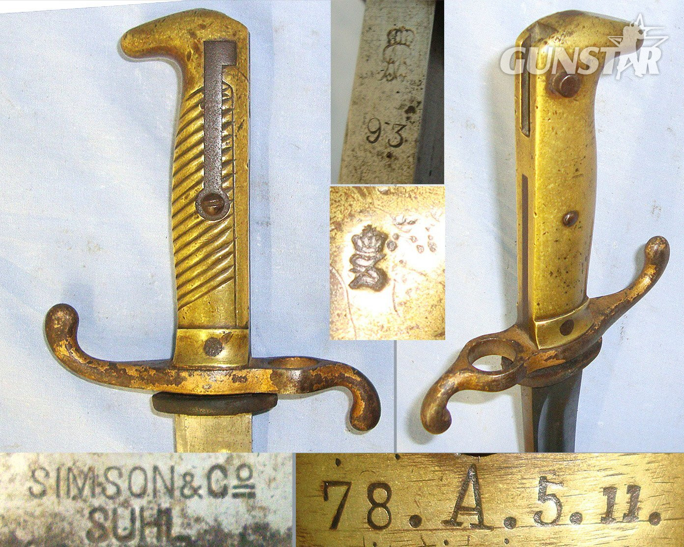1893 Imperial German Seitengewehr Model 1871 Simson & Co Suhl Brass Hilt Bayonet For The M1871 Mauser Rifle & Scabbard With Regiment Mark ’78.A.5.11. Sn 23464 Bayonet