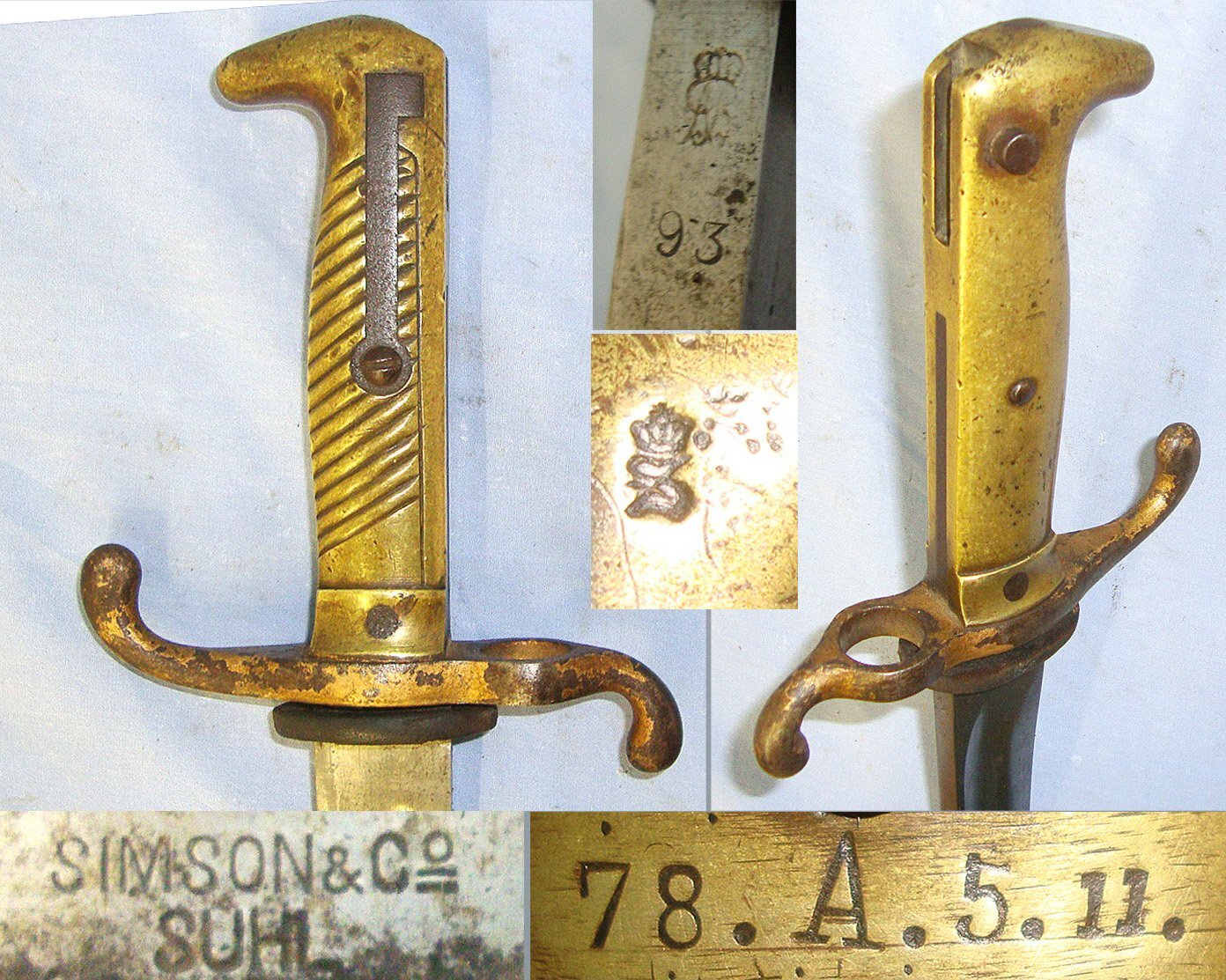 1893 Imperial German Seitengewehr Model 1871 Simson & Co Suhl Brass Hilt Bayonet For The M1871 Mauser Rifle & Scabbard With Regiment Mark ’78.A.5.11. Sn 23464 Bayonet