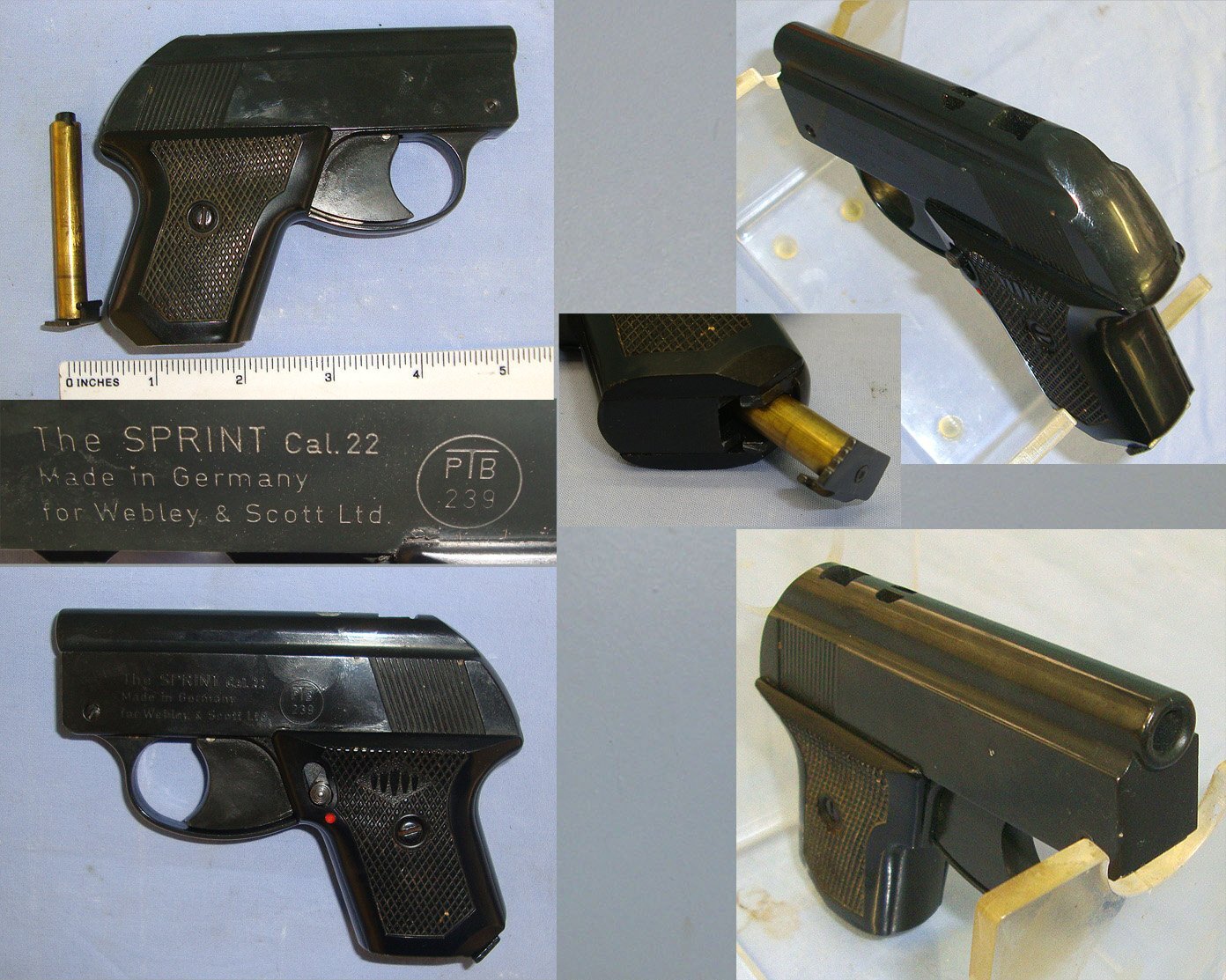 Boxed Blank Firing 1950’s / 1960’s West German Made British Webley Sprint .22 / 6mm Blank Sports Starting Pistol With 8 Round Magazine & Instruction Leaflets. Sn 23741 blank firer .22 Semi Auto