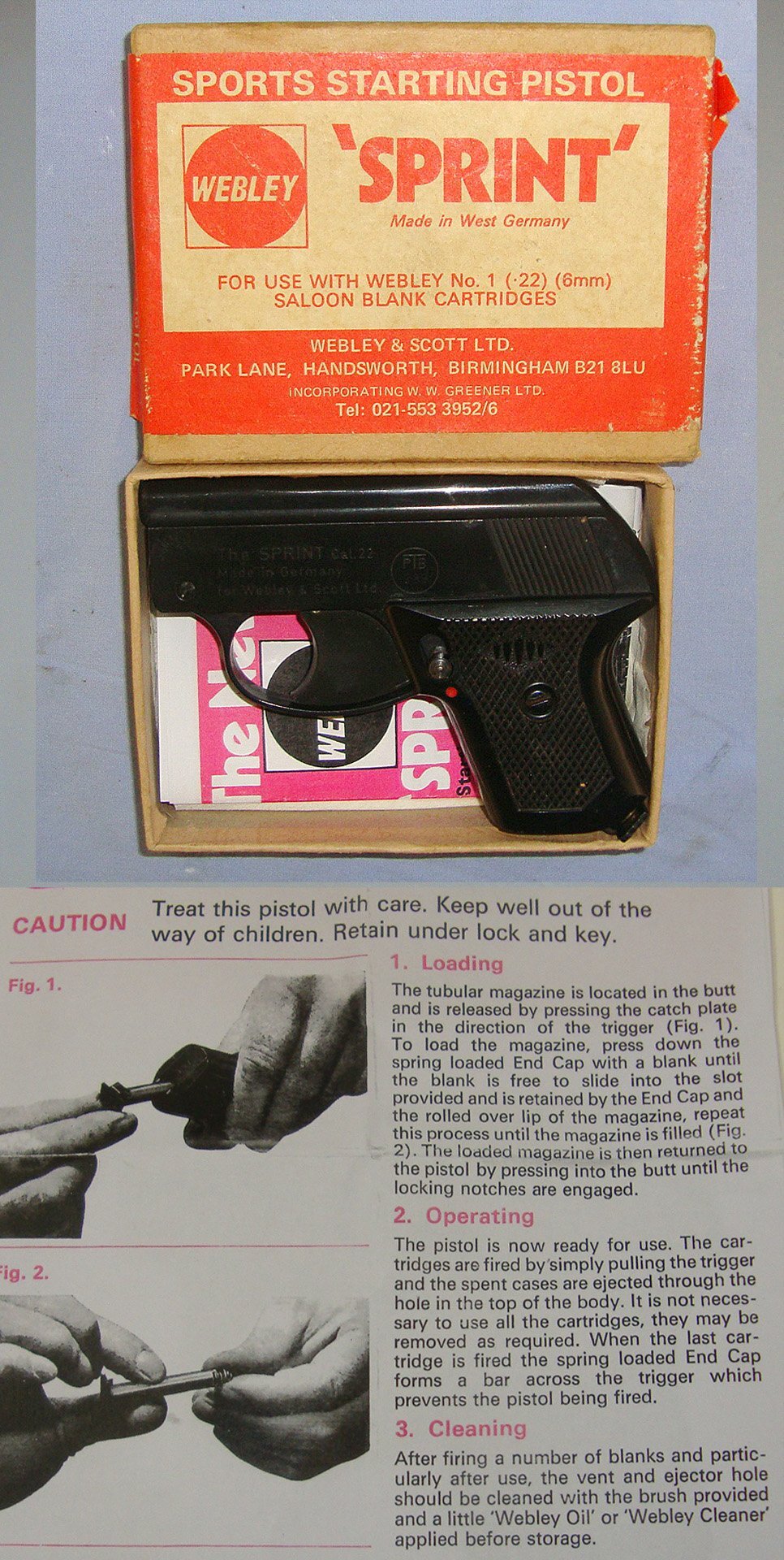  Boxed Blank Firing 1950’s / 1960’s West German Made British Webley Sprint .22 / 6mm Blank Sports Starting Pistol With 8 Round Magazine & Instruction Leaflets. Sn 23741 blank firer .22 Semi Auto