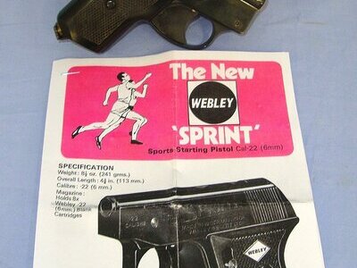 Boxed Blank Firing 1950’s / 1960’s West German Made British Webley Sprint .22 / 6mm Blank Sports Starting Pistol With 8 Round Magazine & Instruction Leaflets. Sn 23741 blank firer .22 Semi Auto
