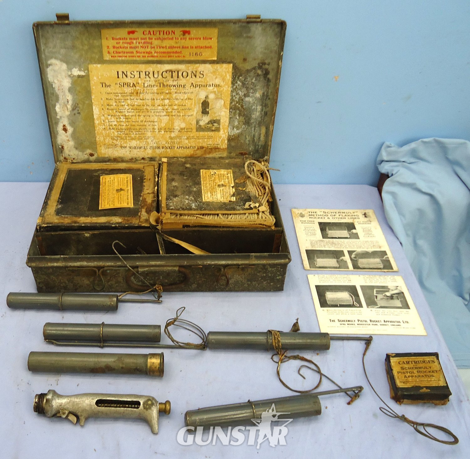 Original Schmeruly SPRA Pistol Rocket Line throwing Apparatus contained in its Original Tin plated Carrying Case. Sn 23496 None Line Thrower in 