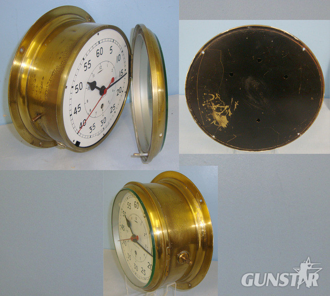  Large Brass Cased Naval Bulkhead Ship’s Clock Engraved ‘HMS Ark Royal 1950-1980’ In Full Working Order Complete With Key & Provenance Antique & Militaria
