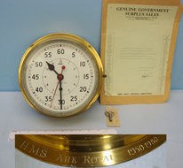 Large Brass Cased Naval Bulkhead Ship’s Clock Engraved ‘HMS Ark Royal 1950-1980’ In Full Working Order Complete With Key & Provenance Antique & Militaria