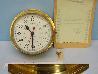 Large Brass Cased Naval Bulkhead Ship’s Clock Engraved ‘HMS Ark Royal 1950-1980’ In Full Working Order Complete With Key & Provenance Antique & Militaria