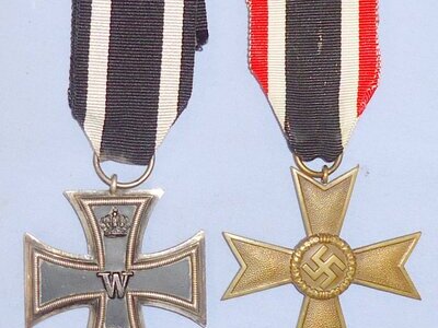 Pair* 1939 Nazi 2nd Class War Merit Cross and WWI Imperial Army 2nd Class Iron Cross with Ribbons. N 121. Pair* 1939 Nazi 2nd Class War Merit Cross and WWI Imperial Army 2nd Class Iron Cross with Ribbons. N 121.  Antique & Militaria