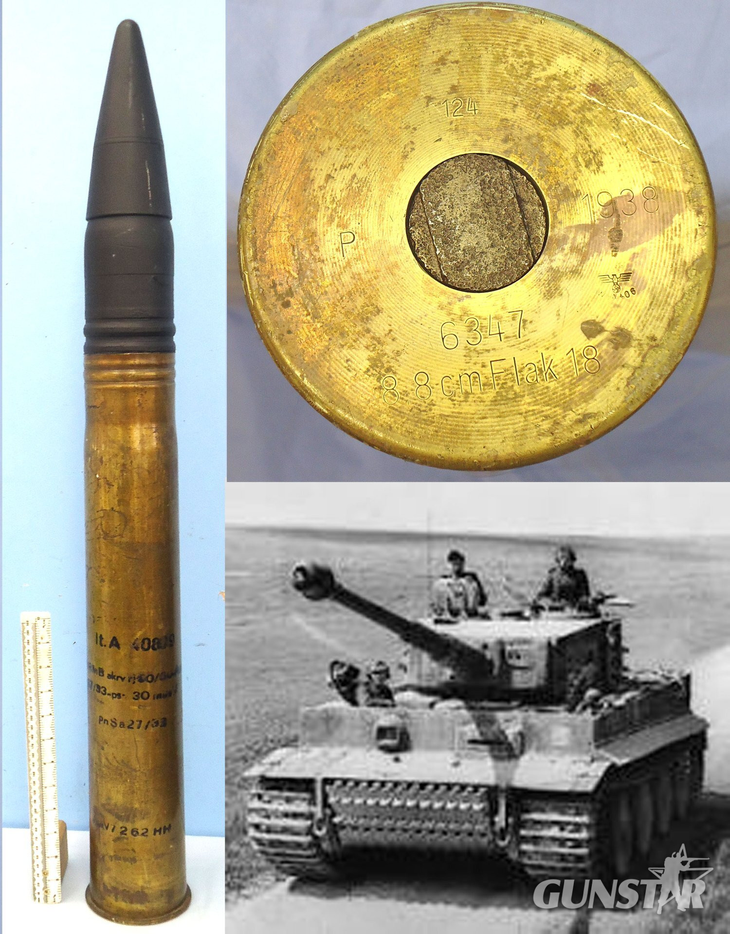 DEACTIVATED INERT. WW2 German Tiger 1 Tank, Unfired 88mm (88 x 571R) PzGr 39 (APCBCHE/T) Armour Piercing Capped Ballistic Capped High Explosive/Trace Round (PzGr.39) Round for the 88mm Tiger 1 KWK 36 tank gun and the Flak 18 Guns. O 2415 DEACTIVATED INERT. WW2 German Tiger 1 Tank, Unfired 88mm (88 x 571R) PzGr 39 (APCBCHE/T) Armour Piercing Capped Ballistic Capped High Explosive/Trace Round (PzGr.39) Round for the 88mm Tiger 1 KWK 36 tank gun and the Flak 18 Guns. O 2415 Various Other Ammunition in 