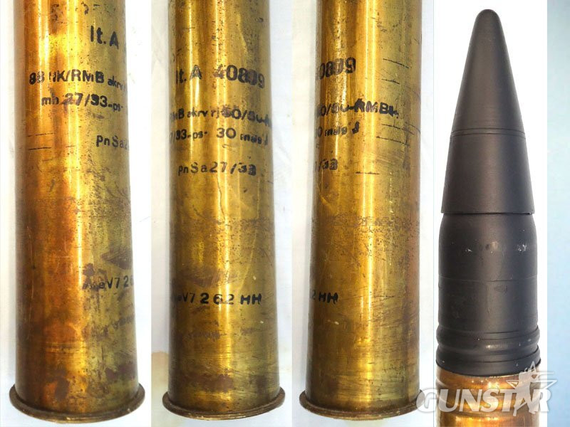  DEACTIVATED INERT. WW2 German Tiger 1 Tank, Unfired 88mm (88 x 571R) PzGr 39 (APCBCHE/T) Armour Piercing Capped Ballistic Capped High Explosive/Trace Round (PzGr.39) Round for the 88mm Tiger 1 KWK 36 tank gun and the Flak 18 Guns. O 2415 DEACTIVATED INERT. WW2 German Tiger 1 Tank, Unfired 88mm (88 x 571R) PzGr 39 (APCBCHE/T) Armour Piercing Capped Ballistic Capped High Explosive/Trace Round (PzGr.39) Round for the 88mm Tiger 1 KWK 36 tank gun and the Flak 18 Guns. O 2415 Various Other Ammunition