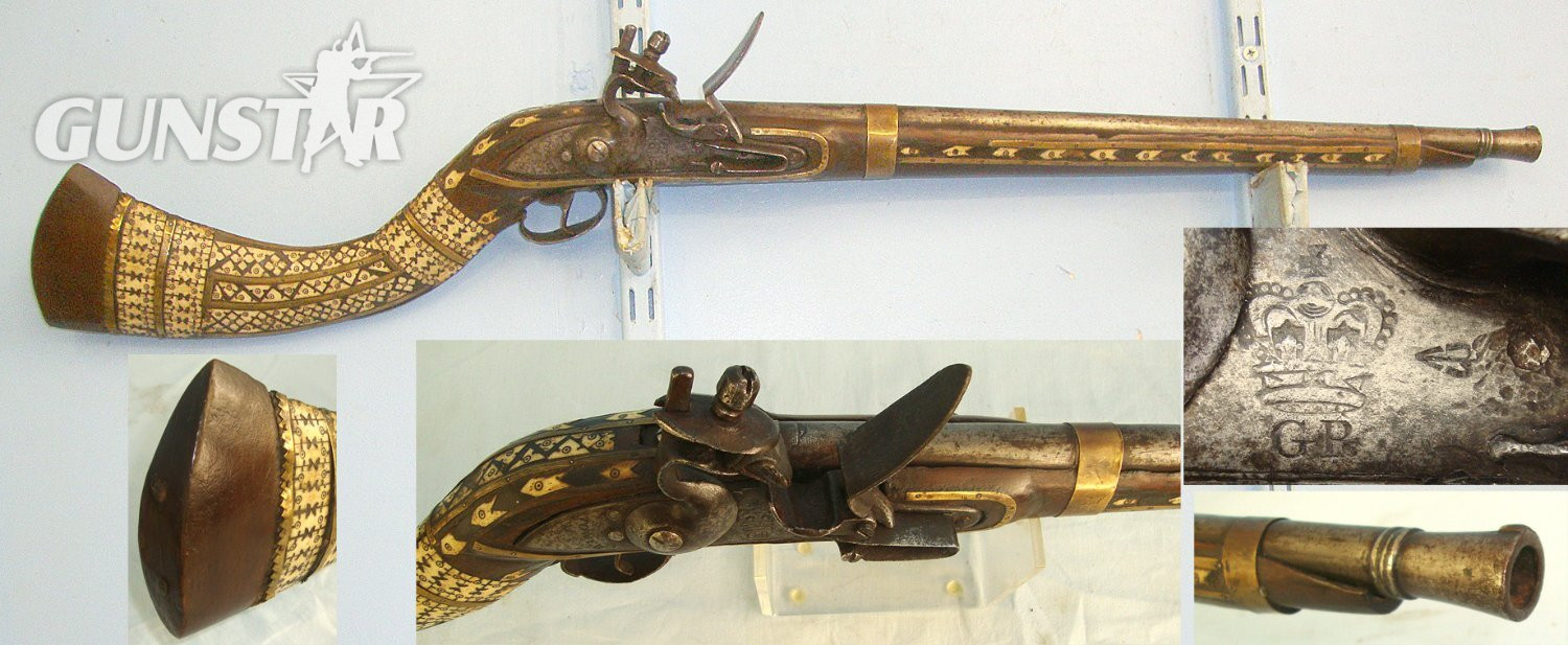 Victorian Era Indian / Afghan North West Frontier 20 Bore Flintlock Jezail Carbine With Late 1700’s / Early 1800’s Georgian Enfield Tower Brown Bess Musket Lock, Wood Stock Ornately Decorated With Polished Bone & Brass Inlays. Sn 23666  jezail Muzzleloader 20 Bore/gauge Rifle in 