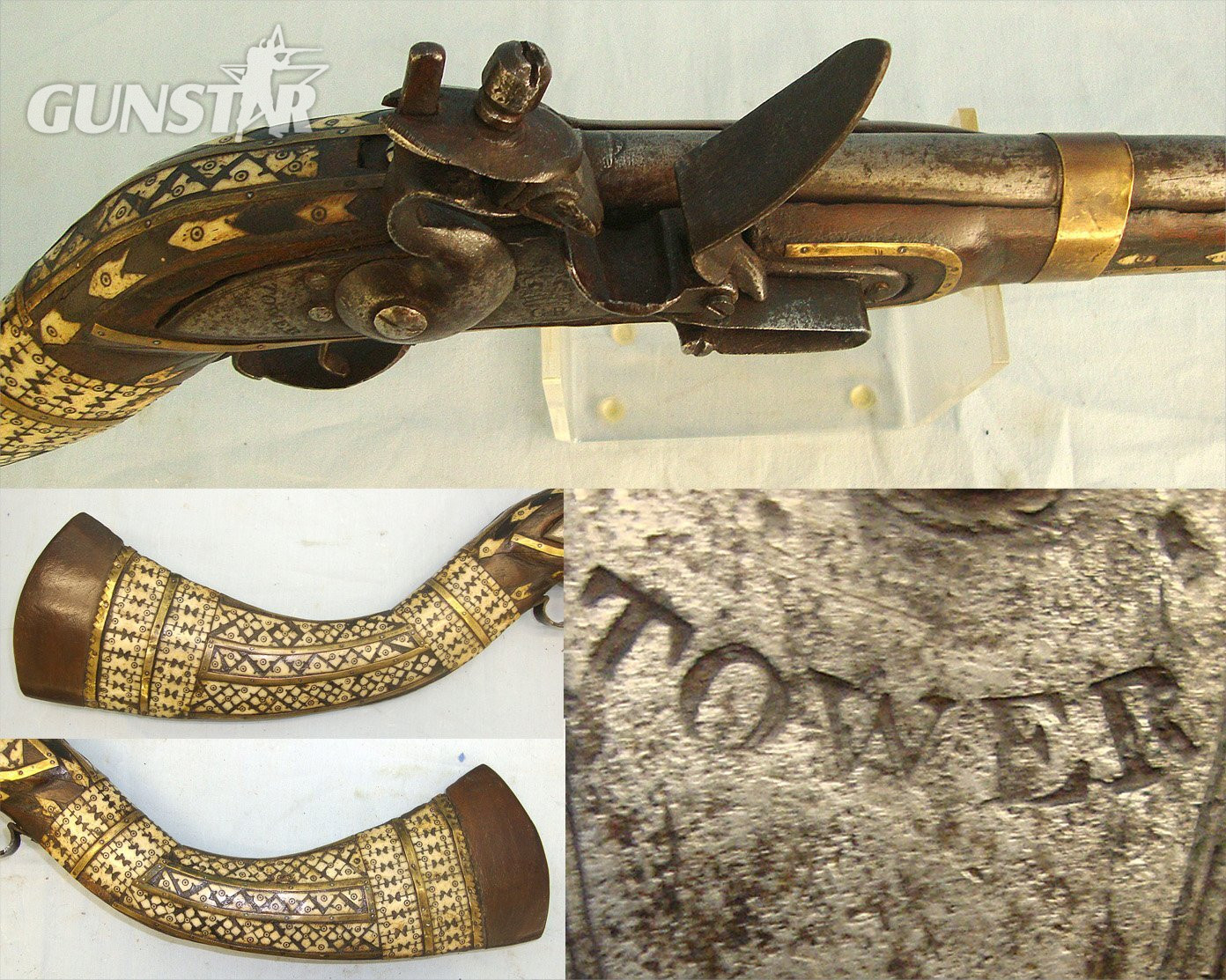 Victorian Era Indian / Afghan North West Frontier 20 Bore Flintlock Jezail Carbine With Late 1700’s / Early 1800’s Georgian Enfield Tower Brown Bess Musket Lock, Wood Stock Ornately Decorated With Polished Bone & Brass Inlays. Sn 23666  jezail Muzzleloader 20 Bore/gauge Rifle