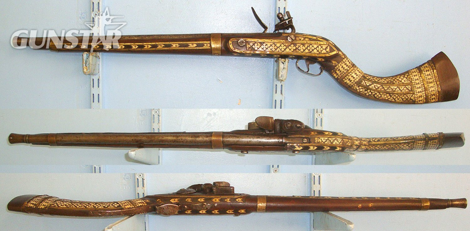  Victorian Era Indian / Afghan North West Frontier 20 Bore Flintlock Jezail Carbine With Late 1700’s / Early 1800’s Georgian Enfield Tower Brown Bess Musket Lock, Wood Stock Ornately Decorated With Polished Bone & Brass Inlays. Sn 23666  jezail Muzzleloader 20 Bore/gauge Rifle