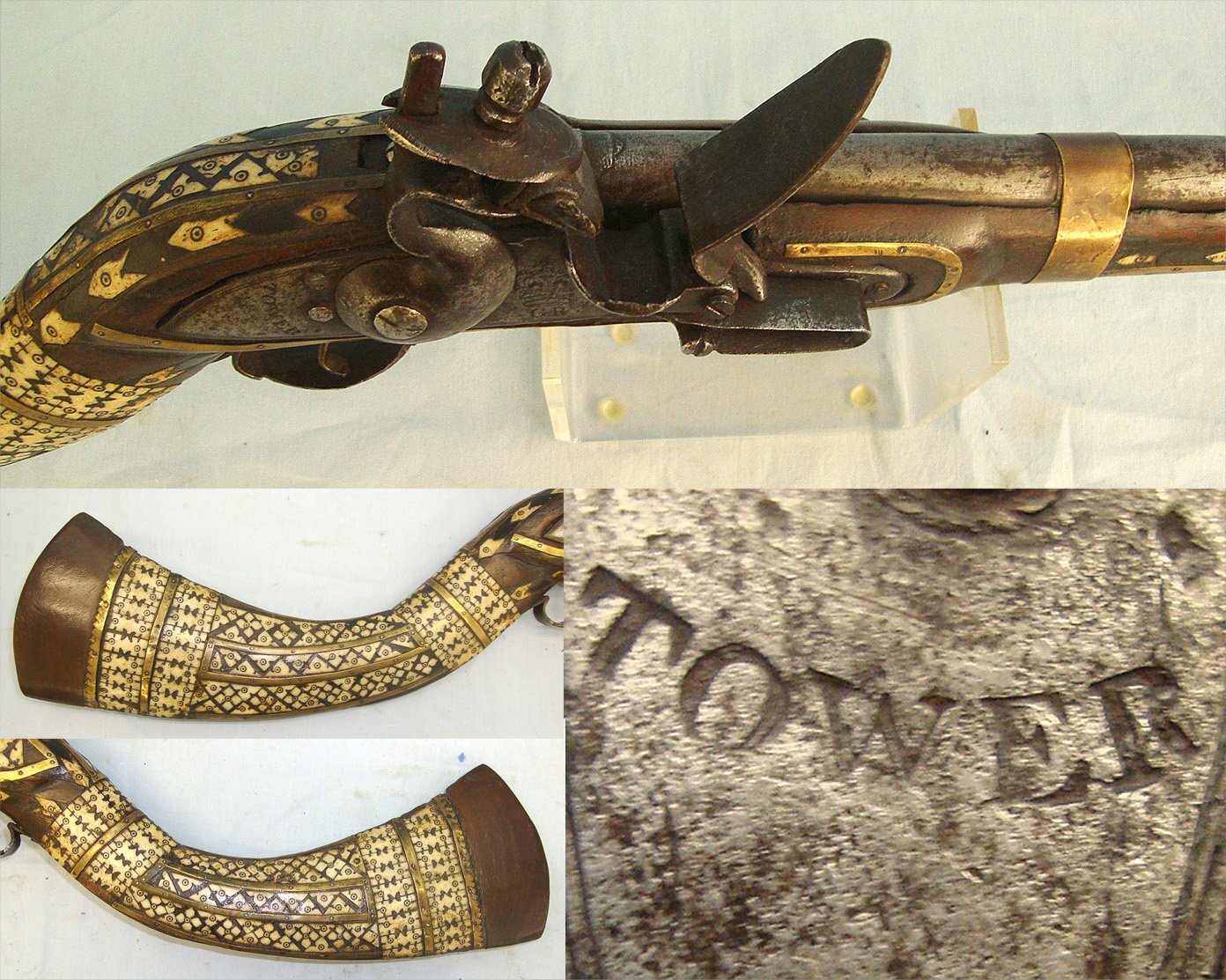 Victorian Era Indian / Afghan North West Frontier 20 Bore Flintlock Jezail Carbine With Late 1700’s / Early 1800’s Georgian Enfield Tower Brown Bess Musket Lock, Wood Stock Ornately Decorated With Polished Bone & Brass Inlays. Sn 23666  jezail Muzzleloader 20 Bore/gauge Rifle