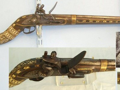 Victorian Era Indian / Afghan North West Frontier 20 Bore Flintlock Jezail Carbine With Late 1700’s / Early 1800’s Georgian Enfield Tower Brown Bess Musket Lock, Wood Stock Ornately Decorated With Polished Bone & Brass Inlays. Sn 23666  jezail Muzzleloader 20 Bore/gauge Rifle