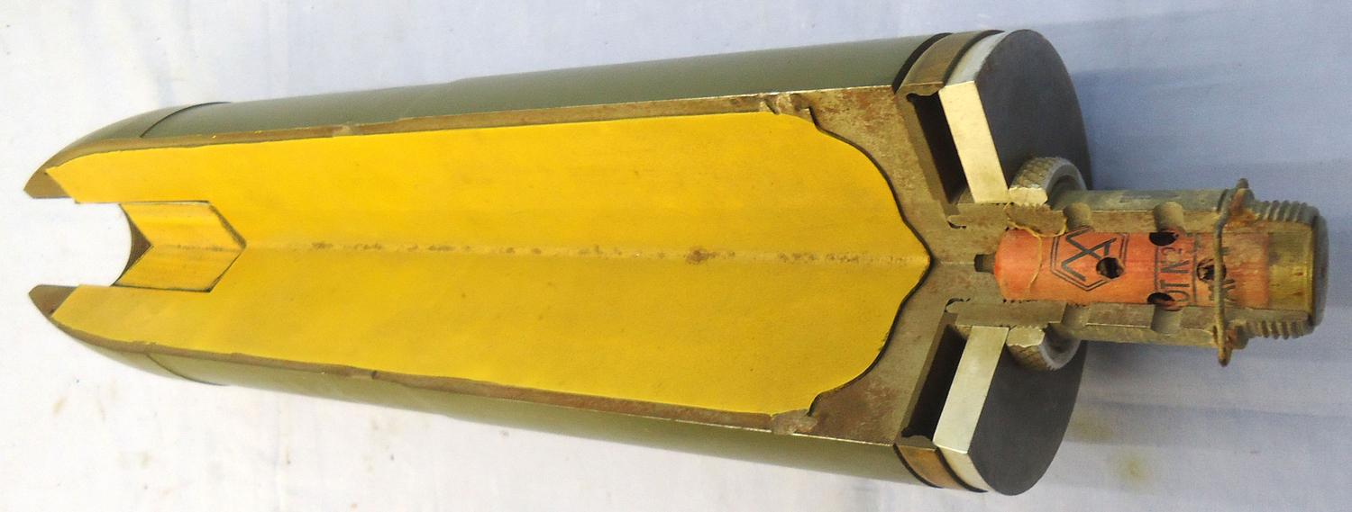 {CATEGORY} - INERT DEACTIVATED. MINT, Unfired, American, Korean War Era, 1947 dated, 4.2 Inch Quarter Sectioned M329 High Explosive (HE) Mortar & Fuze. - O 2067 INERT DEACTIVATED. MINT, Unfired, American, Korean War Era, 1947 dated, 4.2 Inch Quarter Sectioned M329 High Explosive (HE) Mortar & Fuze. - O 2067  Other Ammunition in 