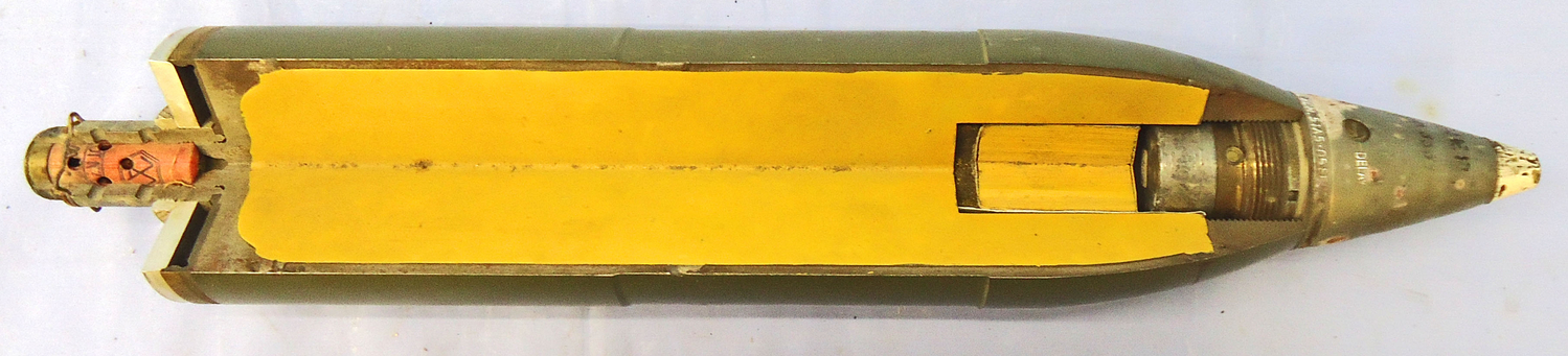 INERT DEACTIVATED. MINT, Unfired, American, Korean War Era, 1947 dated, 4.2 Inch Quarter Sectioned M329 High Explosive (HE) Mortar & Fuze. - O 2067 INERT DEACTIVATED. MINT, Unfired, American, Korean War Era, 1947 dated, 4.2 Inch Quarter Sectioned M329 High Explosive (HE) Mortar & Fuze. - O 2067  Other Ammunition - {CATEGORY}