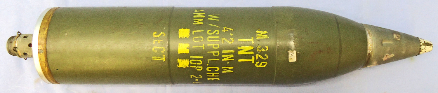 INERT DEACTIVATED. MINT, Unfired, American, Korean War Era, 1947 dated, 4.2 Inch Quarter Sectioned M329 High Explosive (HE) Mortar & Fuze. - O 2067 INERT DEACTIVATED. MINT, Unfired, American, Korean War Era, 1947 dated, 4.2 Inch Quarter Sectioned M329 High Explosive (HE) Mortar & Fuze. - O 2067  Other Ammunition - {CATEGORY} in 
