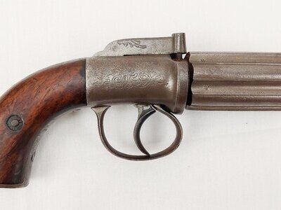 Mounted Circa 1860 Pepperbox Revolver And Powder Flask Revolver None Revolver