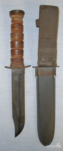 WW2 MK 2 U.S. Navy MK 2 Robeson Cutlery Company (RCC) Ka-Bar Fighting Knife With USN Mark 2 Grey Plastic Scabbard By BM Co (Beckwith Manufacturing Company & VP (Victory Plastics). Knive