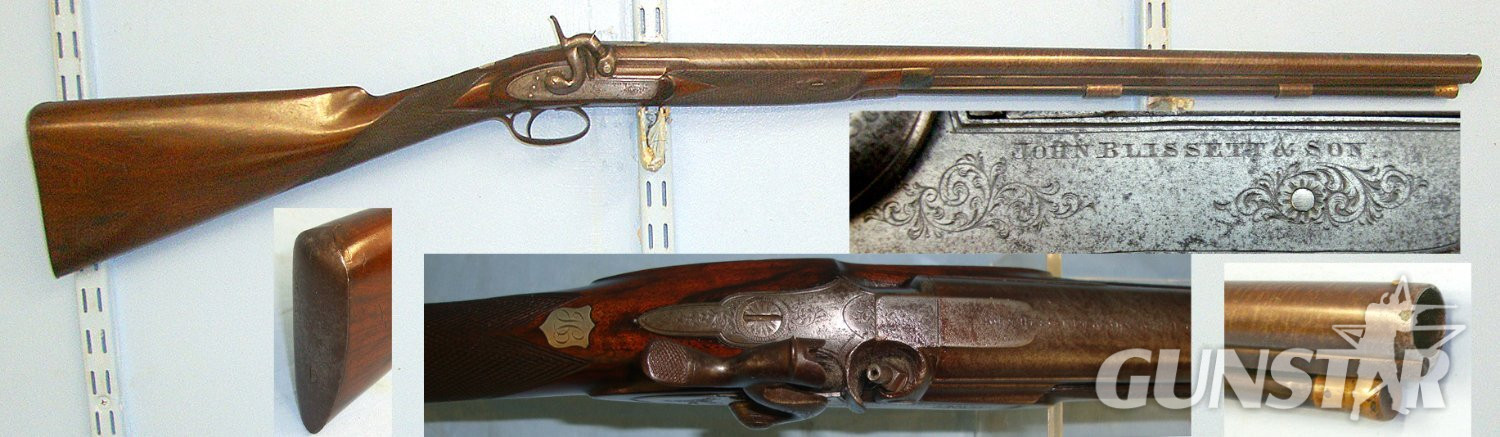 C1850 English John Blissett & Son 322 High Holborn London 18 Bore, Single Damascus Steel Barrel Muzzle Loading Percussion Sporting Shotgun. Sn 23392  shotgun Muzzleloader None in 
