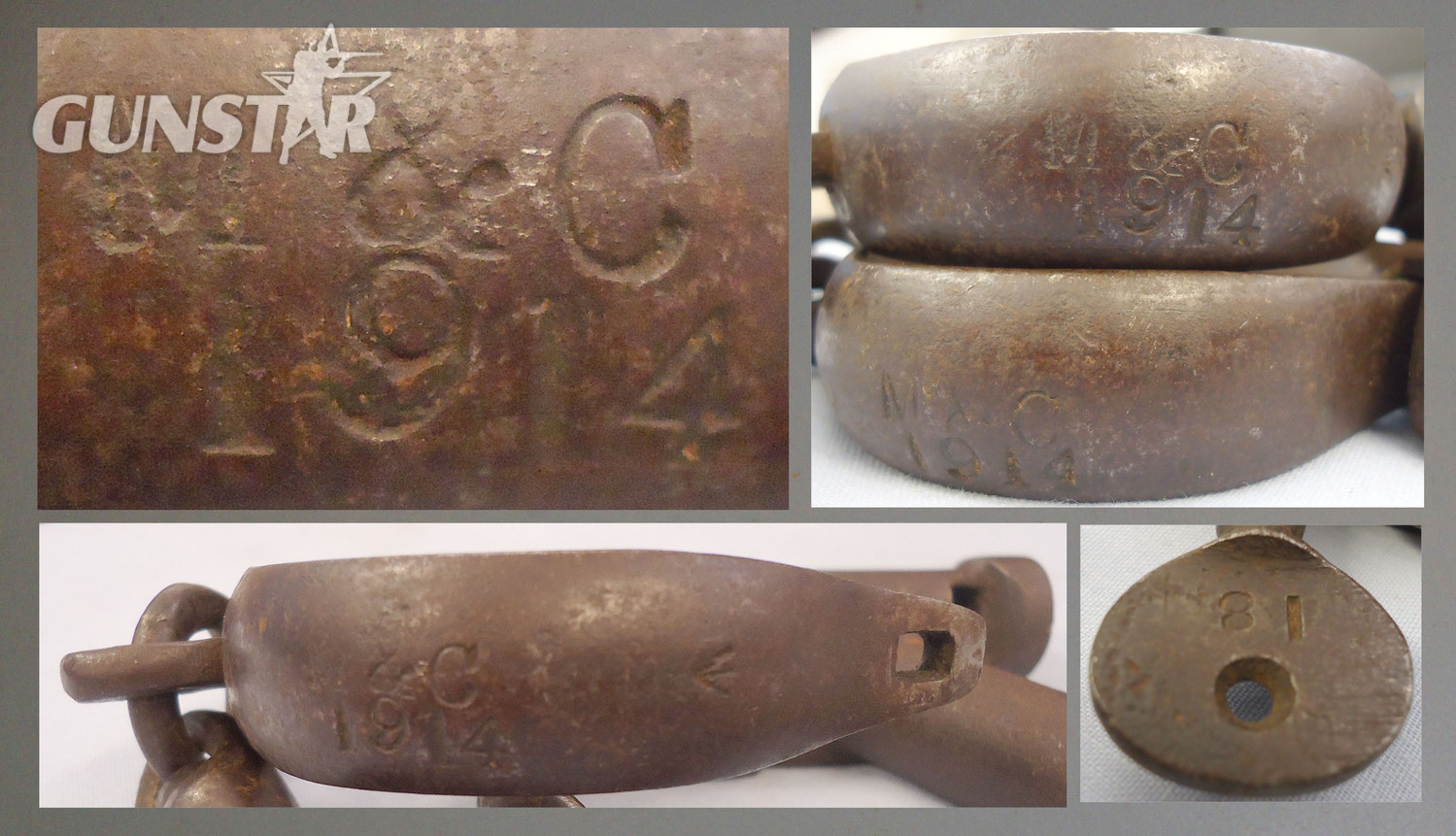 WWI Dated* Hiatt No 2 Handcuffs Marked \"M&C 1914\" with War Department Broad Arrow and Key. 21149. WWI Dated* Hiatt No 2 Handcuffs Marked \"M&C 1914\" with War Department Broad Arrow and Key. 21149. Antique & Militaria