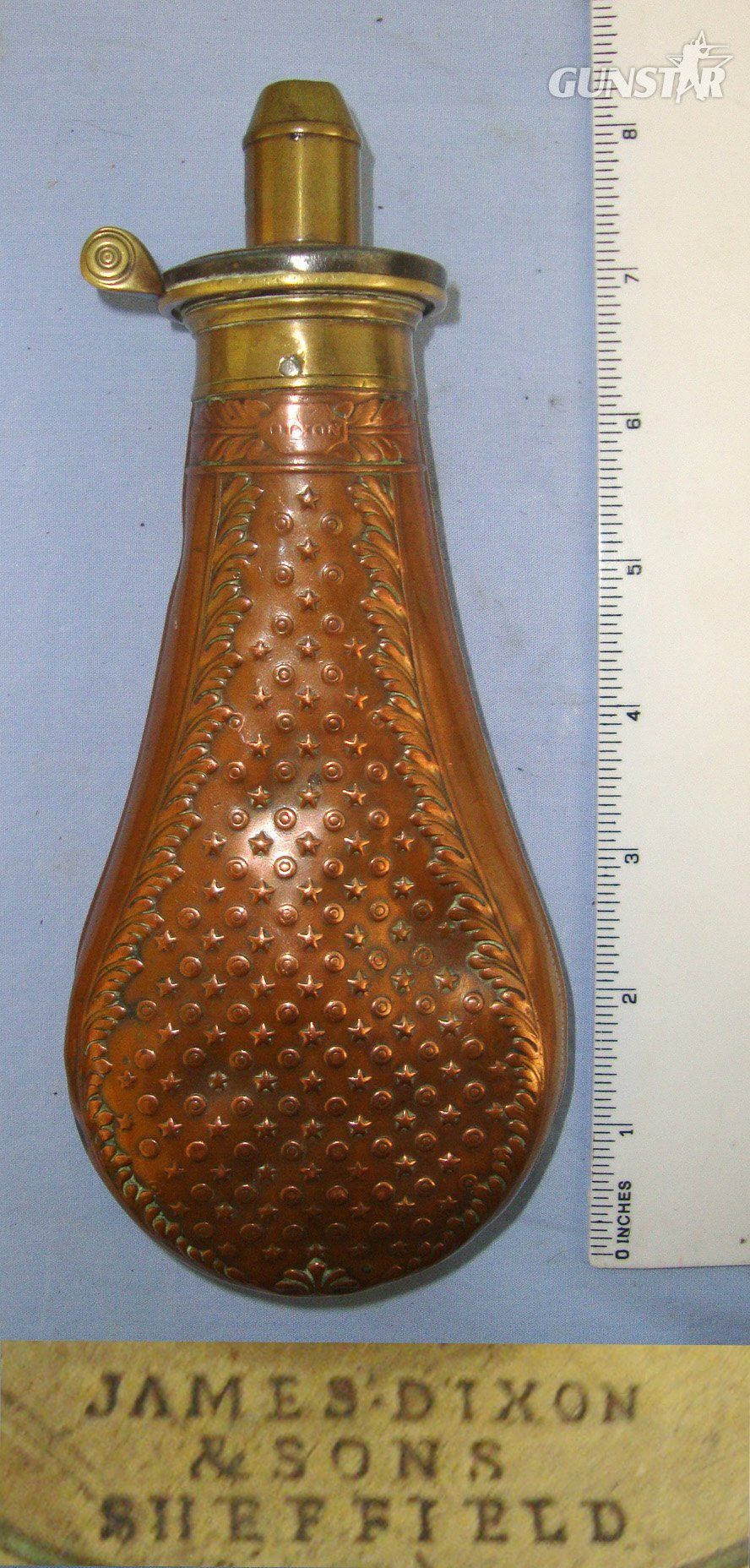 C 1830\'s Gun Size James Dixon & Sons Sheffield Fire Proof Quick Loading Black Powder Flask With Copper Body Decorated With Intricate Stars & Circles & Brass Graduated Sprung Brass Nozzle Charger. MISC 836  Antique & Militaria in 