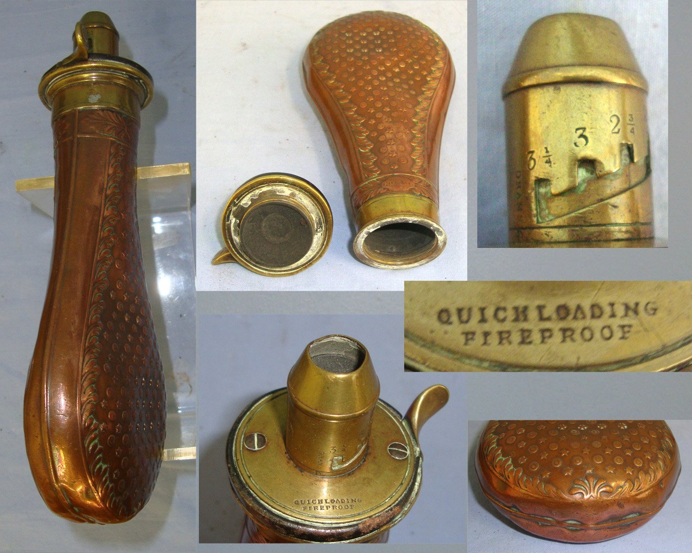 C 1830\'s Gun Size James Dixon & Sons Sheffield Fire Proof Quick Loading Black Powder Flask With Copper Body Decorated With Intricate Stars & Circles & Brass Graduated Sprung Brass Nozzle Charger. MISC 836  Antique & Militaria