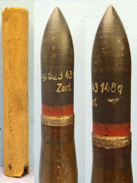  INERT DEACTIVATED. German, WW2, 1943 Dated, 20mm Soluthern (20x138B) (Flak 30 & 38) Armour Piercing/Trace Round & Cardboard Transit Tube. - O 1931 INERT DEACTIVATED. German, WW2, 1943 Dated, 20mm Soluthern (20x138B) (Flak 30 & 38) Armour Piercing/Trace Round & Cardboard Transit Tube. - O 1931  Other Ammunition