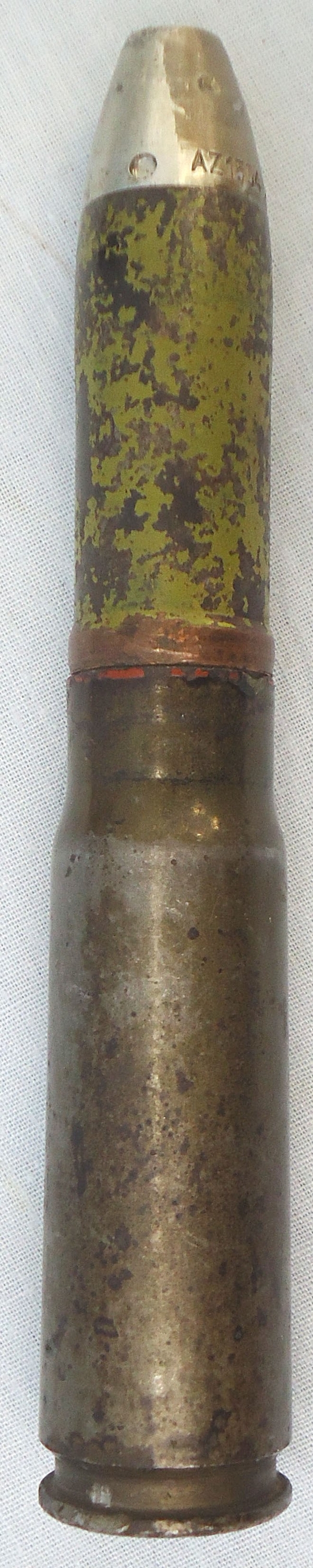 INERT DEACTIVATED. WW2 INERT German 1944 Dated 20 mm MK151/20 (20x82) HE (High Explosive) Cannon Round. - O 2009 INERT DEACTIVATED. WW2 INERT German 1944 Dated 20 mm MK151/20 (20x82) HE (High Explosive) Cannon Round. - O 2009  Other Ammunition - {CATEGORY} in 