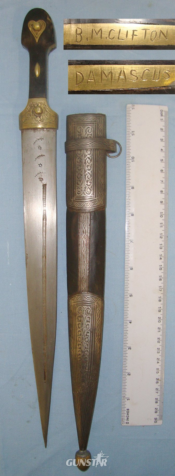 WW1 Era Russian / Ottoman Kindjal Short Sword / Long Dagger With Ornate Brass Fittings, Marked ‘B.M. Clifton Damascus’ Possibly A British Or Australian Soldier’s Bring Back After The Capture Of Damascus 1918 & Ornate Scabbard. ED 2413 Knive in 
