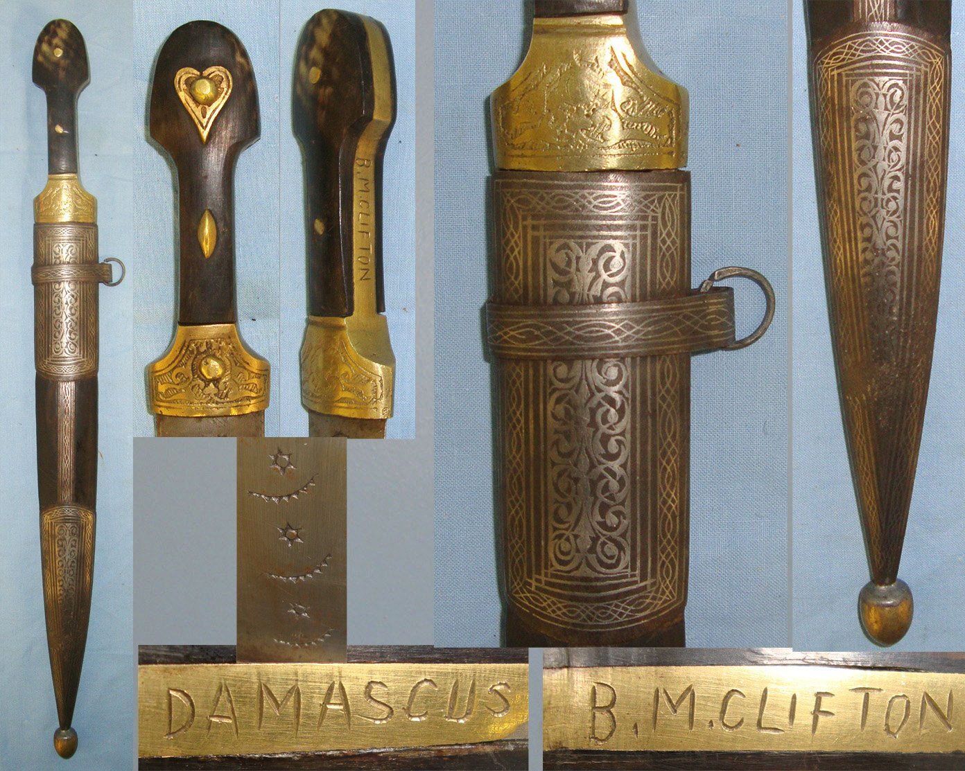 WW1 Era Russian / Ottoman Kindjal Short Sword / Long Dagger With Ornate Brass Fittings, Marked ‘B.M. Clifton Damascus’ Possibly A British Or Australian Soldier’s Bring Back After The Capture Of Damascus 1918 & Ornate Scabbard. ED 2413 Knive
