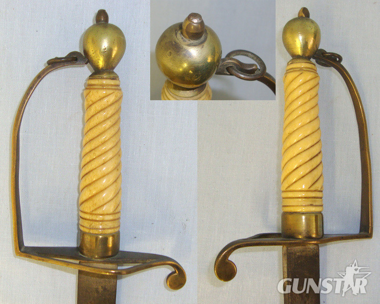 British 1786 Pattern Spadroon Type Infantry Officer’s Sword With Blued Blade Containing An Indian Script Etched Panel & Antique Ivory Hilt Sword