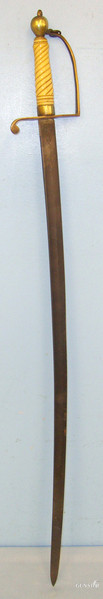  British 1786 Pattern Spadroon Type Infantry Officer’s Sword With Blued Blade Containing An Indian Script Etched Panel & Antique Ivory Hilt Sword
