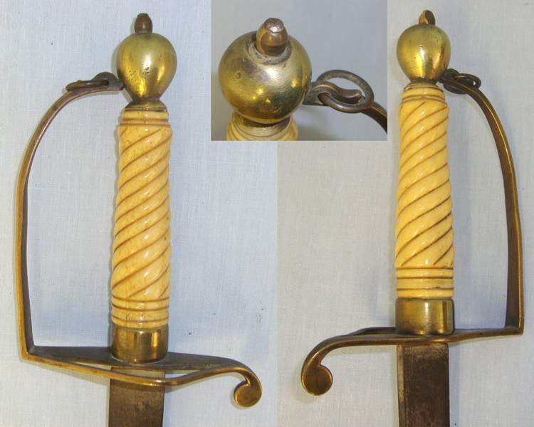 British 1786 Pattern Spadroon Type Infantry Officer’s Sword With Blued Blade Containing An Indian Script Etched Panel & Antique Ivory Hilt Sword