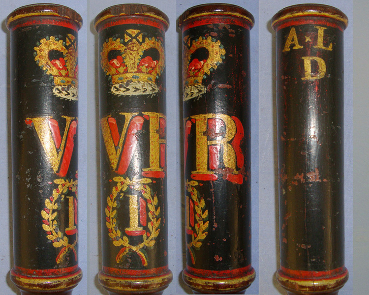 Victorian British Lignum Vitae Tropical Hard Wood Baluster Tipstaff / Truncheon With Hand Painted Decoration Crown V.R. (Victoria Regina)Royal Cypher, ‘1’ & ‘A*L Above D’  Antique & Militaria