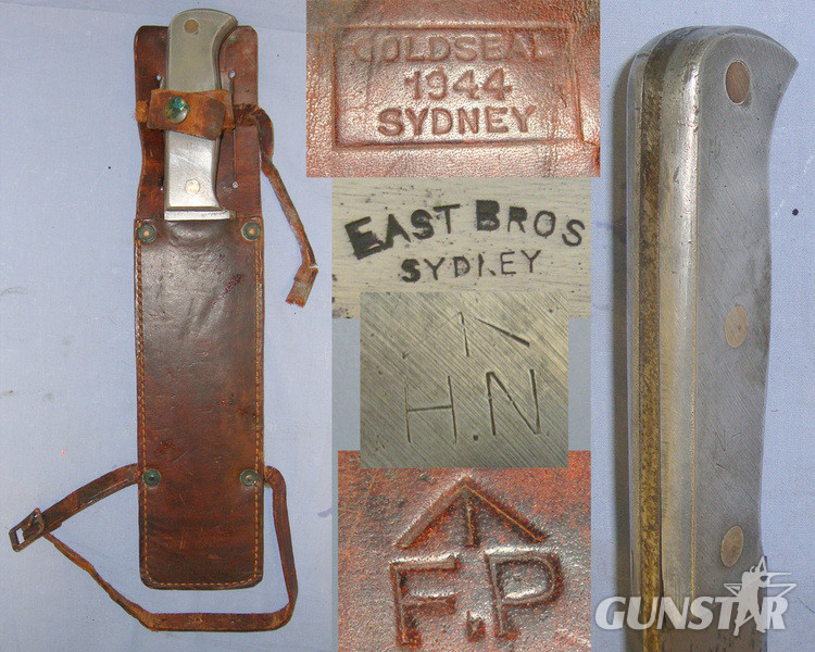 RARE**WW2 Australian WD & USAF Air Crew Jungle Survival Machete/ Fighting Knife With Alloy Handle & Steel Blade By East Brothers Sydney Australia & Correct Original WD 1944 Leather Scabbard By Goldseal Sydney With Straps For Leg & Belt Carry. Other Blade