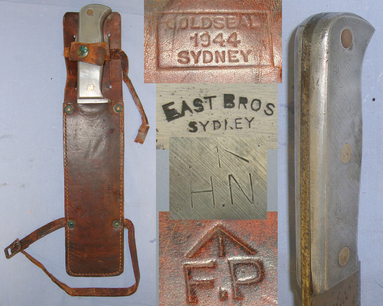 RARE**WW2 Australian WD & USAF Air Crew Jungle Survival Machete/ Fighting Knife With Alloy Handle & Steel Blade By East Brothers Sydney Australia & Correct Original WD 1944 Leather Scabbard By Goldseal Sydney With Straps For Leg & Belt Carry. Other Blade