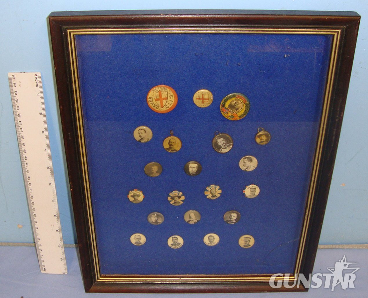 A Framed Collection Of Original Colourful Victorian Boer War Home Front / Recruitment / Propaganda Celluloid Wrapped Tin Pin Badges & Pendants. MISC 1014 - MISC 1014 A Framed Collection Of Original Colourful Victorian Boer War Home Front / Recruitment / Propaganda Celluloid Wrapped Tin Pin Badges & Pendants. MISC 1014 - MISC 1014 Antique & Militaria in 