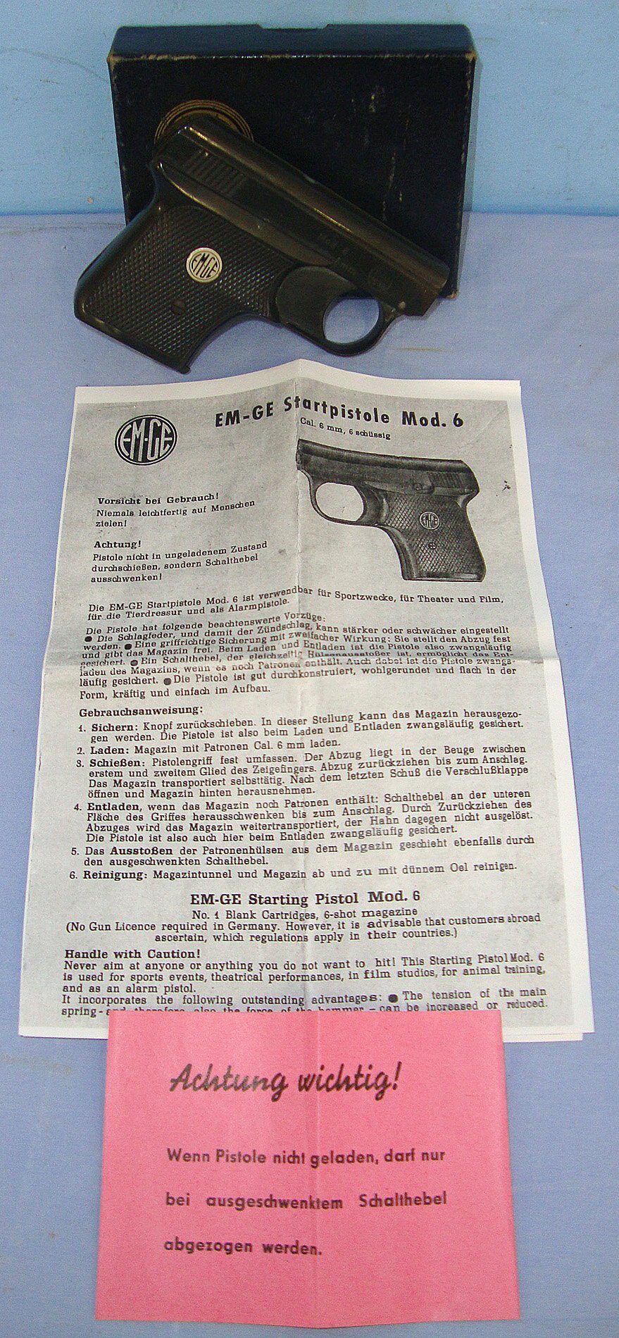 Boxed Blank Firing 1960’s West German EM-GE Gerstenberger & Eberwein Model 6 .22 / 6mm Blank Sports Starting Pistol With 6 Round Magazine & Instruction Leaflets. Sn 23744 blank firer .22 Semi Auto