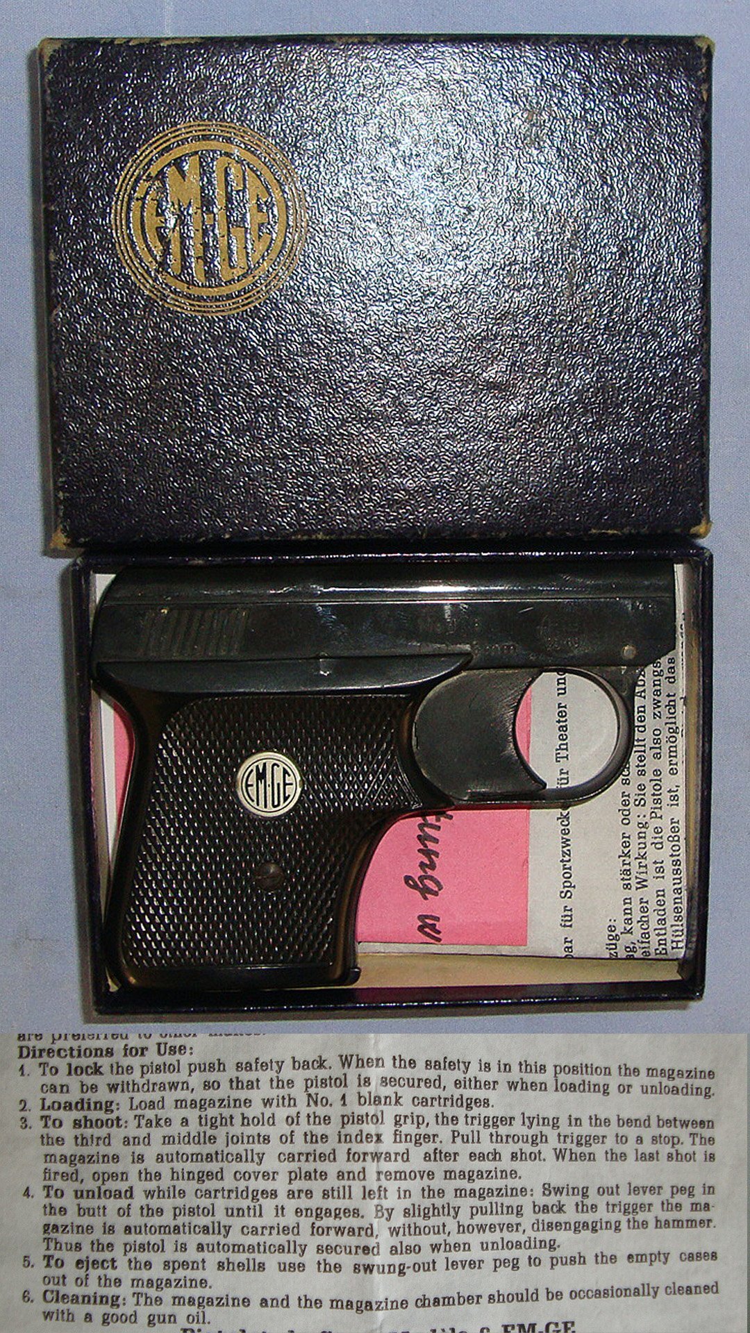  Boxed Blank Firing 1960’s West German EM-GE Gerstenberger & Eberwein Model 6 .22 / 6mm Blank Sports Starting Pistol With 6 Round Magazine & Instruction Leaflets. Sn 23744 blank firer .22 Semi Auto