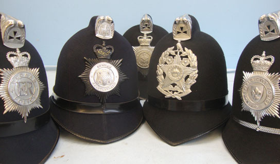  Police Male Constable\'s / Sergeant\'s Blue Serge Helmets With Helmet Plates, Pr 5 x Various Police Male Constable's / Sergeant's Blue Serge Helmets With Helmet  Clothing