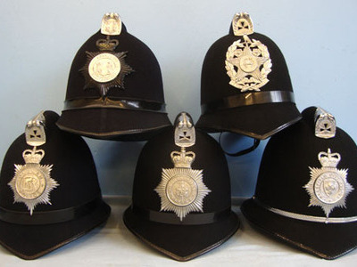 Police Male Constable\'s / Sergeant\'s Blue Serge Helmets With Helmet Plates, Pr 5 x Various Police Male Constable's / Sergeant's Blue Serge Helmets With Helmet  Clothing