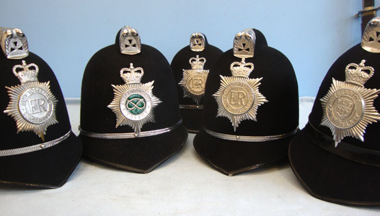  Police Male Constable\'s / Sergeant\'s Blue Serge Helmets With Helmet Plates, Pr 5 x Various Police Male Constable's / Sergeant's Blue Serge Helmets With Helmet  Clothing