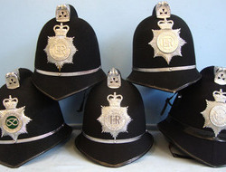 Police Male Constable\'s / Sergeant\'s Blue Serge Helmets With Helmet Plates, Pr 5 x Various Police Male Constable's / Sergeant's Blue Serge Helmets With Helmet  Clothing