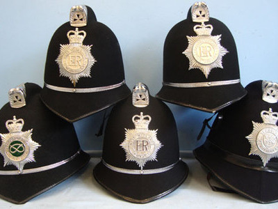 Police Male Constable\'s / Sergeant\'s Blue Serge Helmets With Helmet Plates, Pr 5 x Various Police Male Constable's / Sergeant's Blue Serge Helmets With Helmet  Clothing