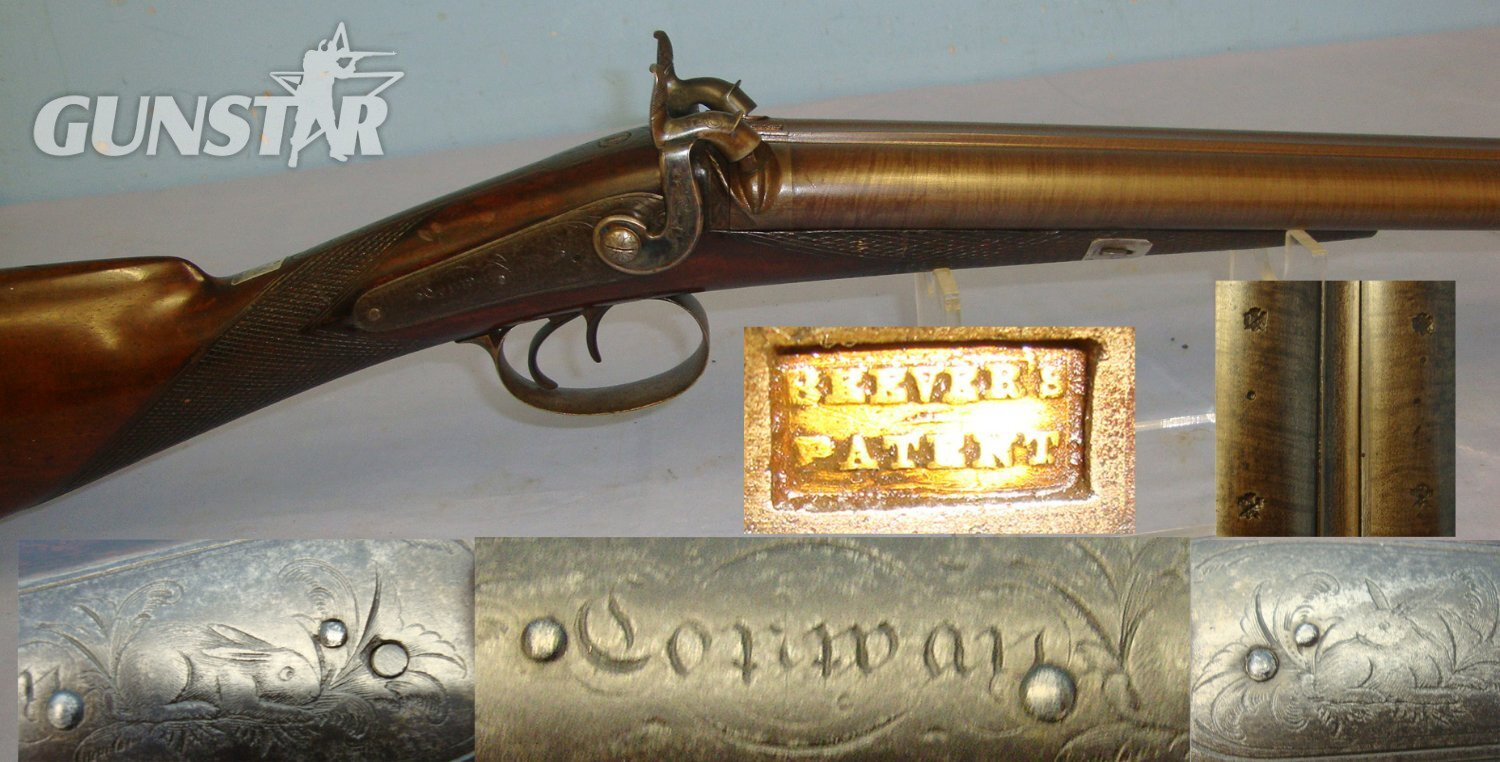 EXTREMELY RARE**QUALITY**C1840 English Conway (Manchester Or Stockport Cheshire) Beever’s Oval / Elliptical Bore 1825 Patent, 10 / 18 Bore, Double Barrel Side By Side Percussion Shotgun  With Damascus Steel Barrels. Sn 23007  Side By Side 10 Bore/gauge