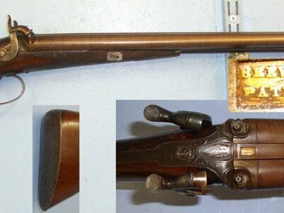 EXTREMELY RARE**QUALITY**C1840 English Conway (Manchester Or Stockport Cheshire) Beever’s Oval / Elliptical Bore 1825 Patent, 10 / 18 Bore, Double Barrel Side By Side Percussion Shotgun  With Damascus Steel Barrels. Sn 23007  Side By Side 10 Bore/gauge