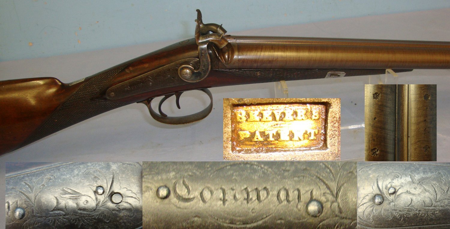 EXTREMELY RARE**QUALITY**C1840 English Conway (Manchester Or Stockport Cheshire) Beever’s Oval / Elliptical Bore 1825 Patent, 10 / 18 Bore, Double Barrel Side By Side Percussion Shotgun  With Damascus Steel Barrels. Sn 23007  Side By Side 10 Bore/gauge