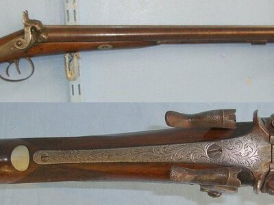 QUALITY MAKER**Victorian C1820 English Thomas Manton London 13 Bore Double Damascus Barrelled Muzzle Loading Percussion Sporting Shotgun With Unusual Shoulder Stock Trap With Hinged Lid. Sn 23391 Shotgun Muzzleloader 13 Bore/gauge