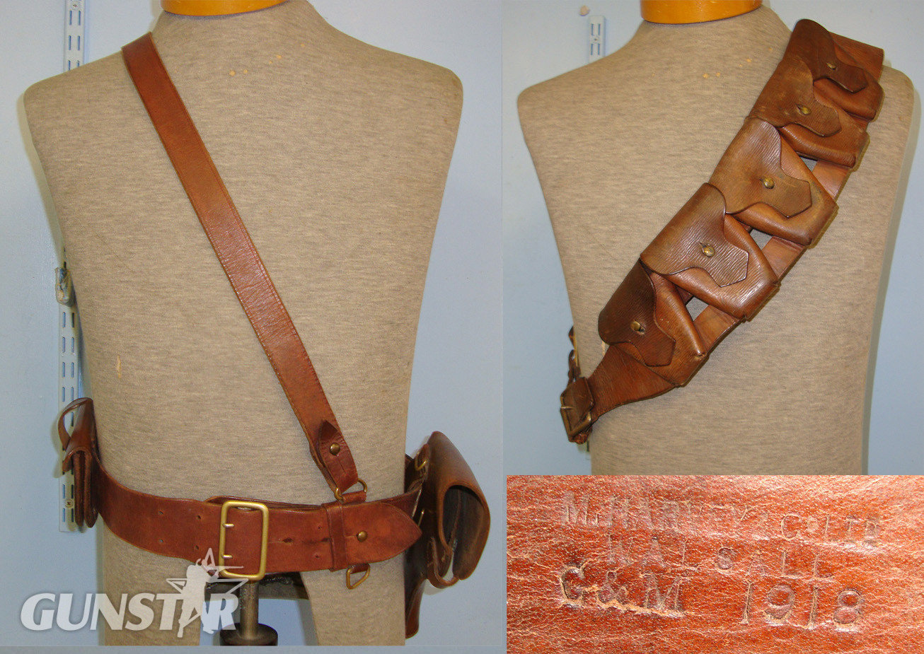 WW1 Era British Mounted Infantry Officer’s Sam Browne Equipment Belt Holster Rig, Cross Belt & 1918 50 Round (5 x 10 Round Pouches) Leather .303 Calibre Ammunition Bandolier By Marney & Co Ltd Walsall G&M. Sn 20741  Other Accessory in 